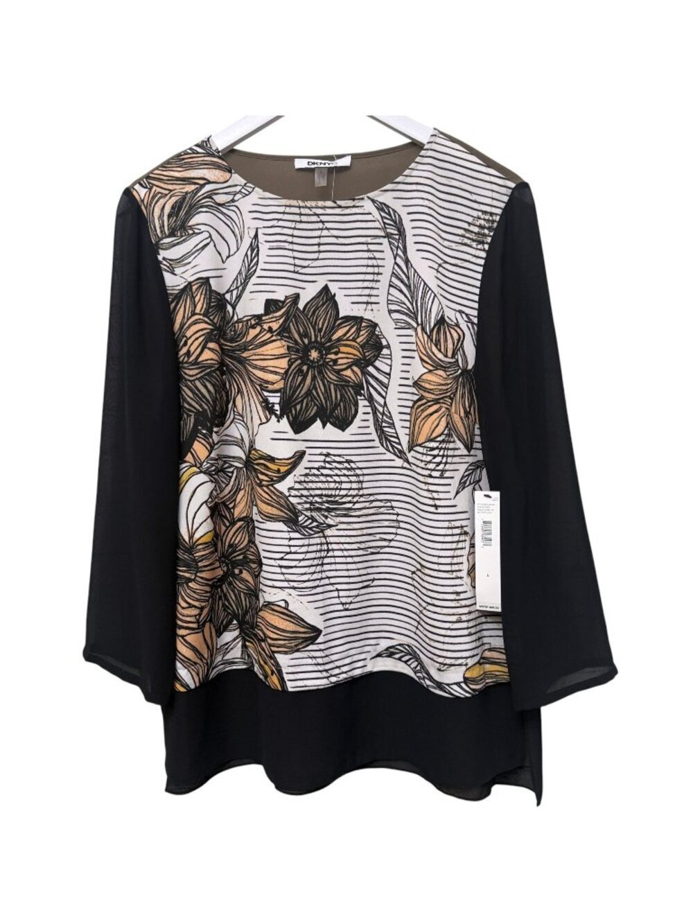 DKNY Floral Chiffon Blouse Size Large Black Tan Long Sleeve Womens Top NWT